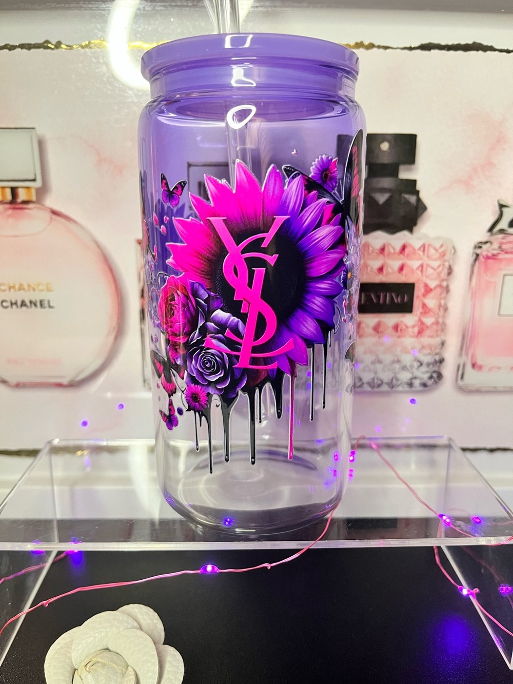 🆕 Purple Handmade Glass  Floral Travel Tumbler NWT 16oz.